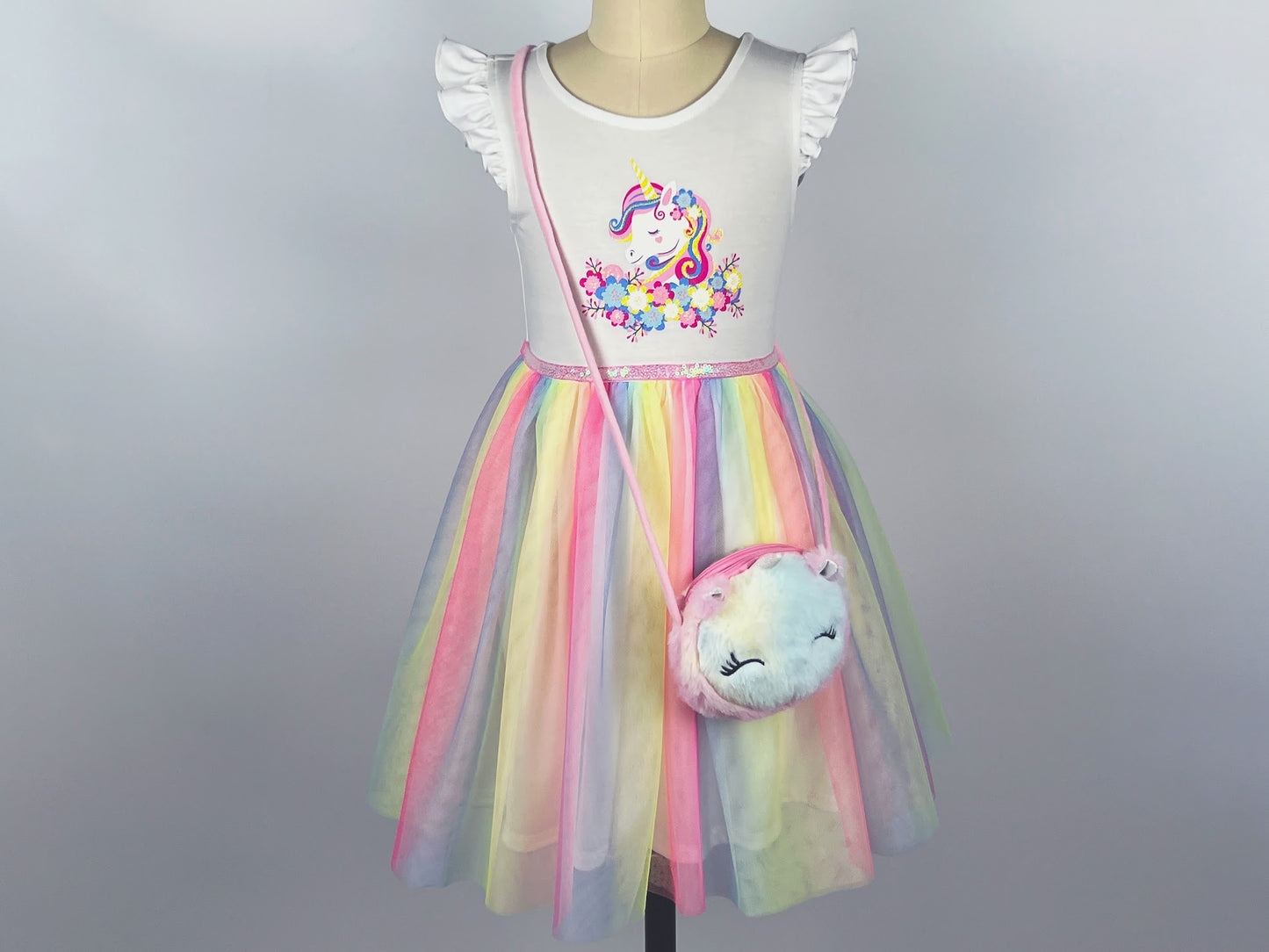 Girls Rainbow Tutu Dress with Fluffy Bag for 3-7 Years, Back to School, Party Gift #22002