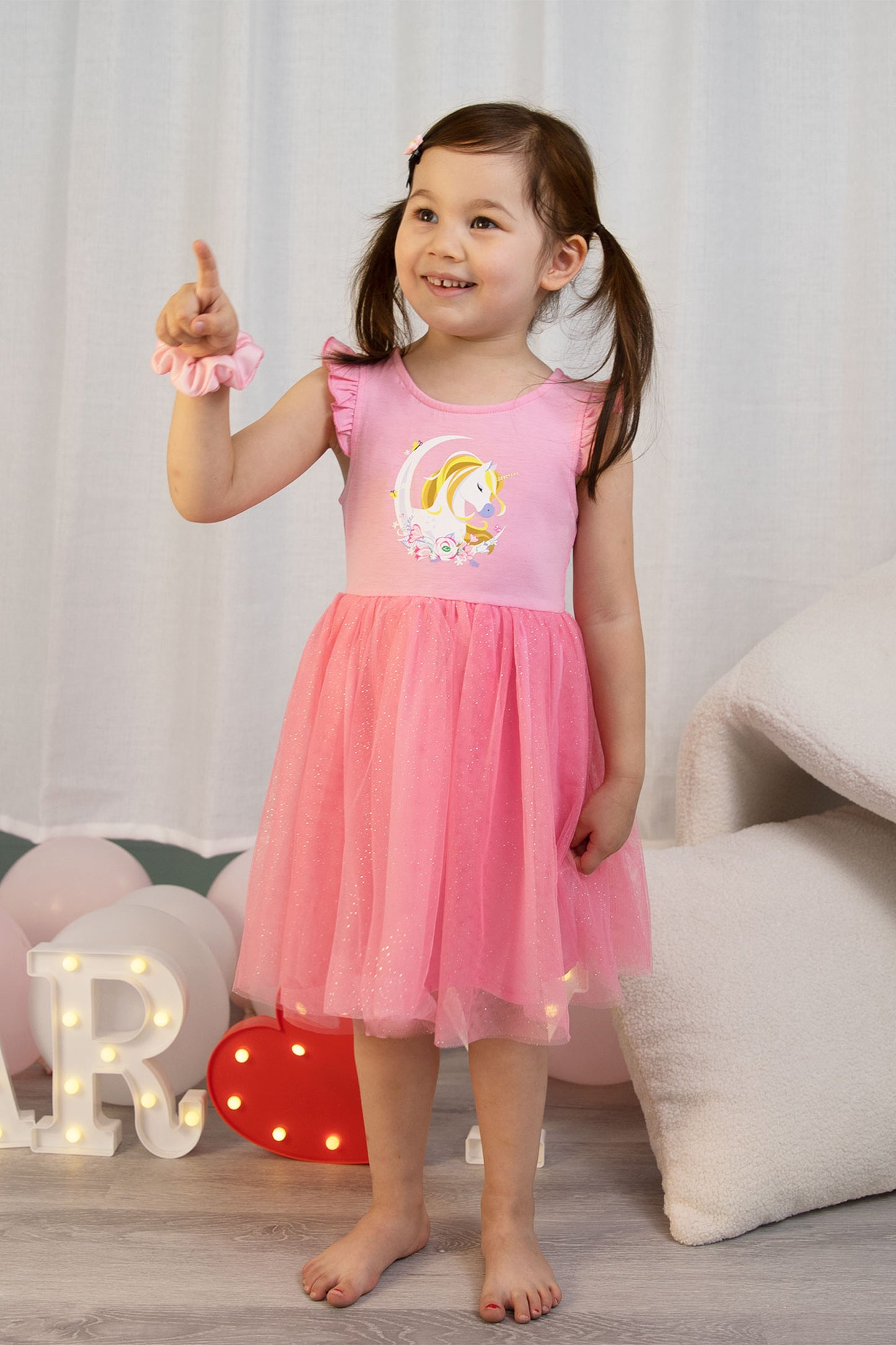 Girls Pink Floral Unicorn Tutu Dress with Free Matching Scrunchies