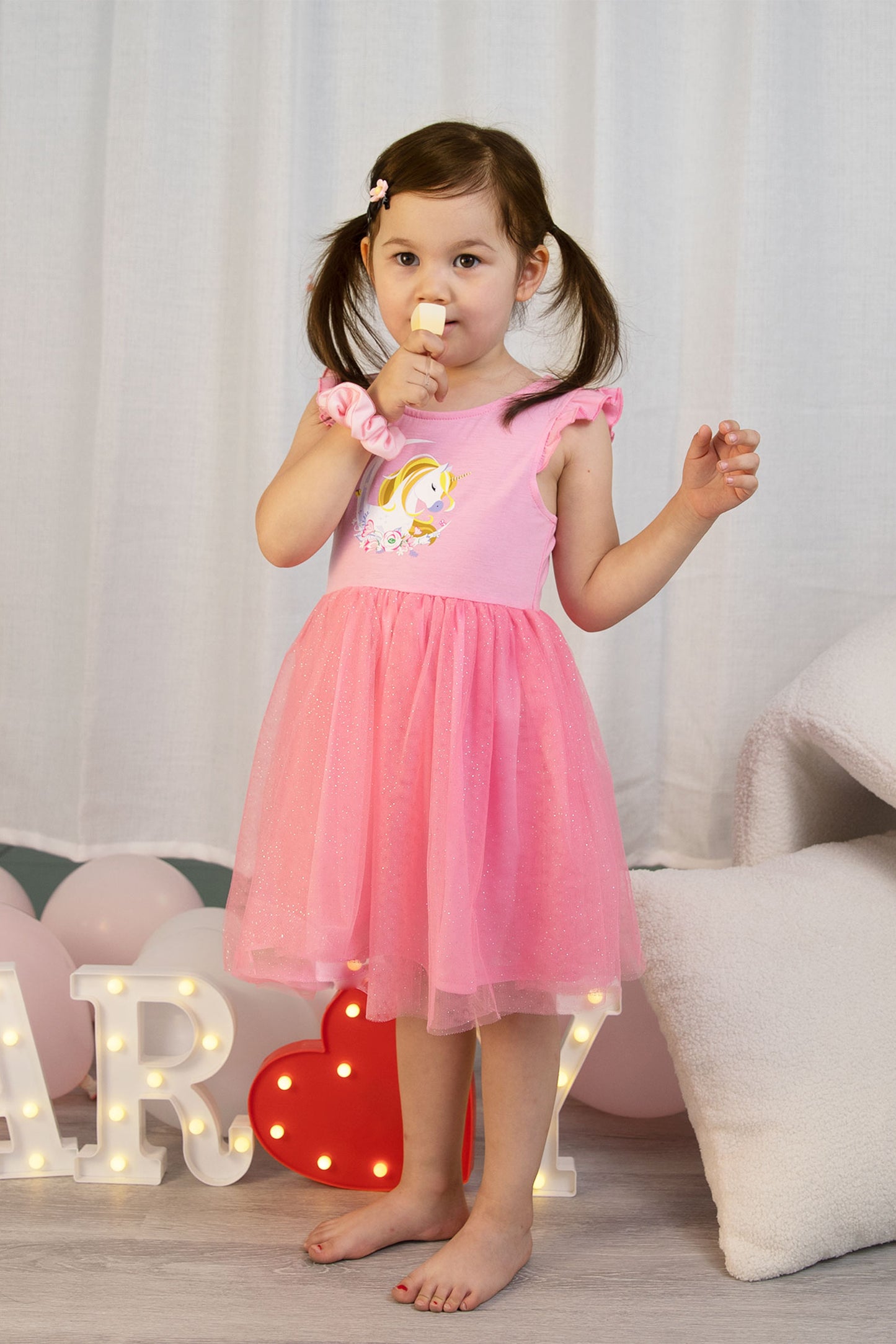 Girls Pink Floral Unicorn Tutu Dress with Free Matching Scrunchies