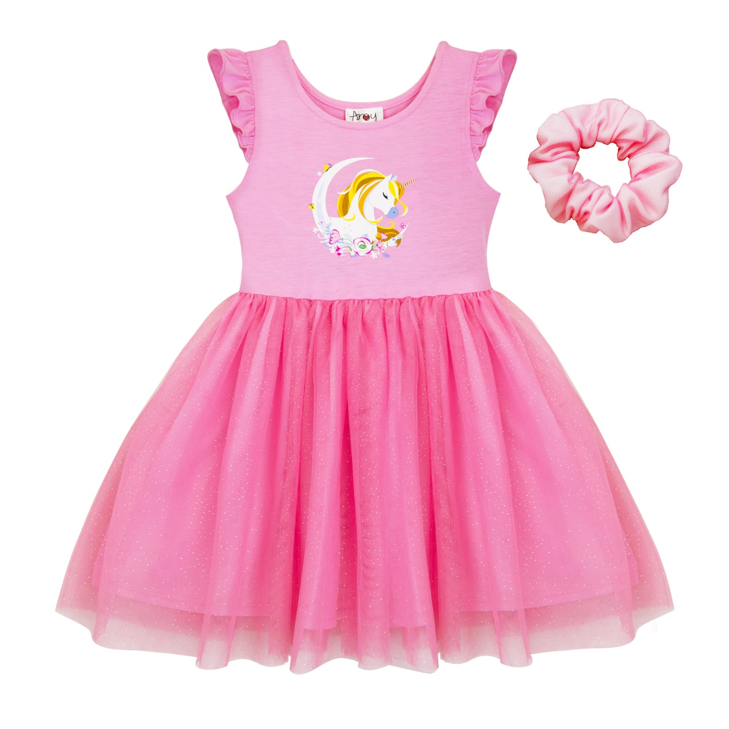 Girls Pink Floral Unicorn Tutu Dress with Free Matching Scrunchies
