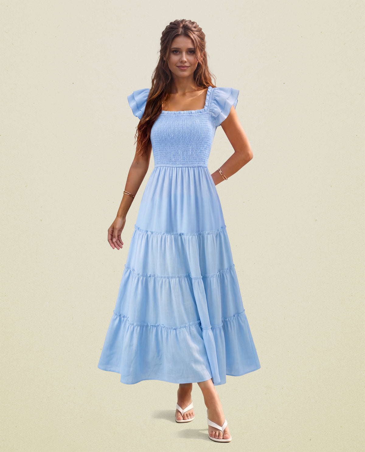 Flutter Sleeve Smocked top Midi Dress #Z6G125