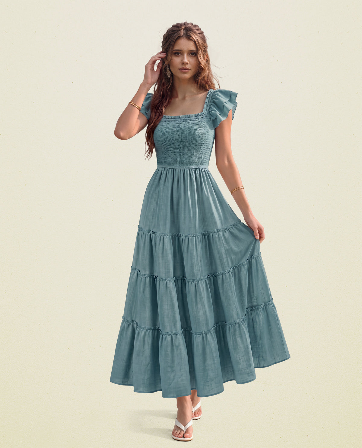 Flutter Sleeve Smocked top Midi Dress #Z6G125