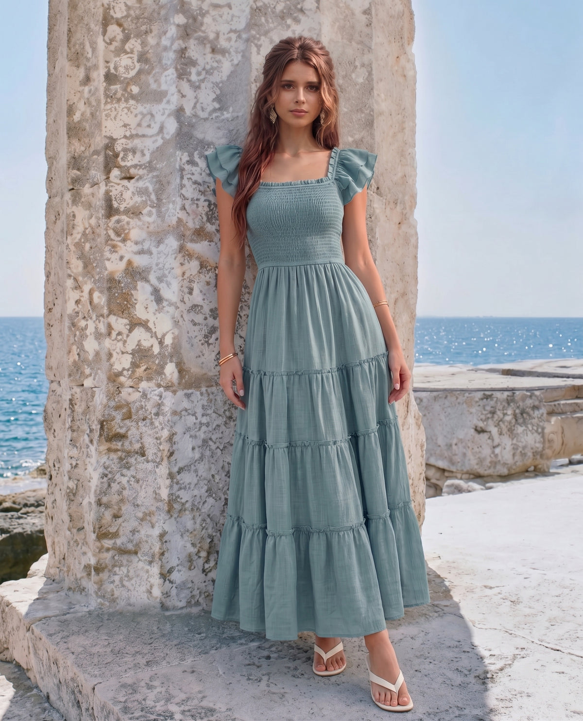 Flutter Sleeve Smocked top Midi Dress #Z6G125
