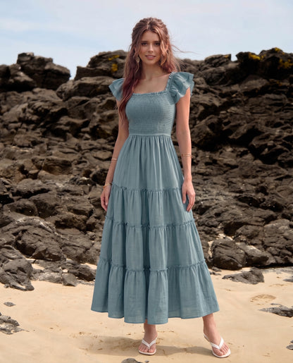 Flutter Sleeve Smocked top Midi Dress #Z6G125