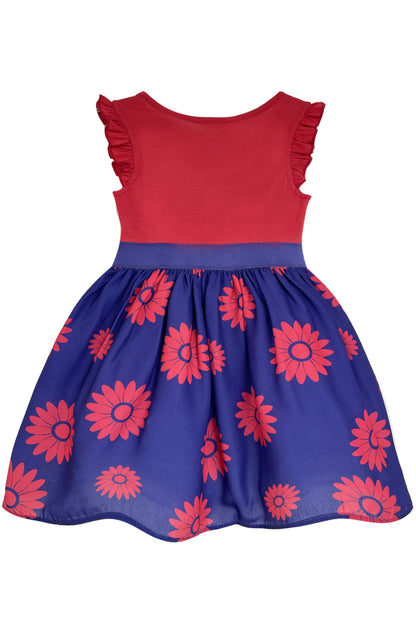 Girls Red Blue Sun Flower Twirl Dress for 3-7 Years
