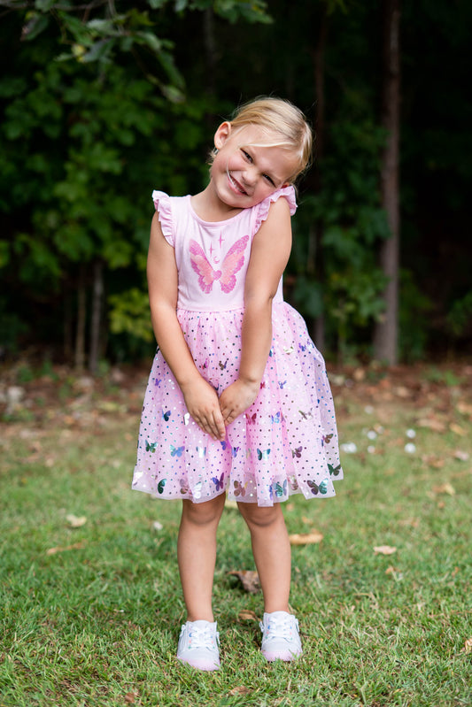Girls Pink Butterfly Tutu Dress for 3-7 Years with FREE Pink Hair Scrunchies #22007