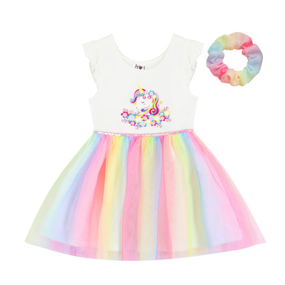 Girls Rainbow Tutu Dress for 3-7 Years With Free Rainbow Hair Scrunchies #22002